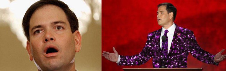 Momentarily stunned by a Miami LGBT crowd's insistence that he's "super gay" Rubio recovers by finally endorsing to the new Love Boat movie.