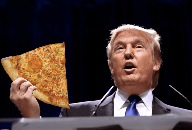 Donald Trump, pictured here, disputes the alleged size of Ivanka's vagina while giving the keynote address at Trump university's new graduate pizza party. 